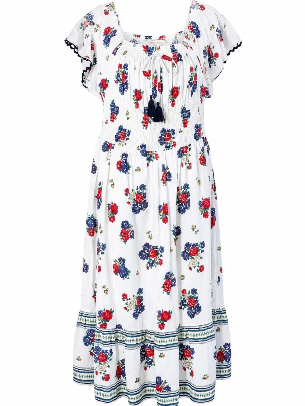 Tory Burch Meadow Folly Cotton Voile Midi Dress with a red and blue floral print